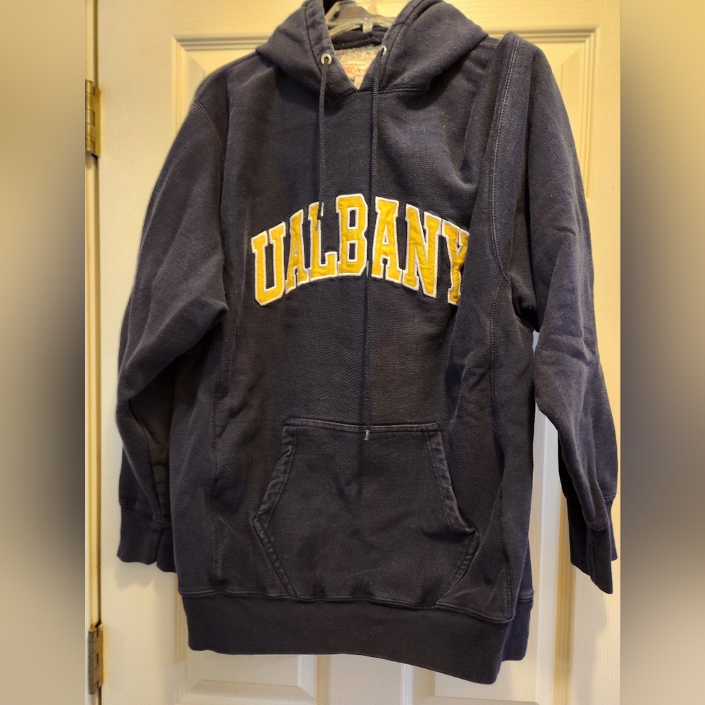 Mens Navy Hoodie with Yellow UAlbany Print, Size L